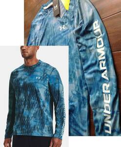 【既決USA】アンダーアーマー★UNDER ARMOUR@完売胸元&背中&袖【UA】ロゴ入長袖【UA Iso-Chill Shorebreak UPF50 Camo Tee】Blue迷彩柄@XL