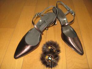  unused prompt decision Ginza Kanematsu GINZA Kanematsu pumps 21cm tea color fur decoration 2way ankle strap 