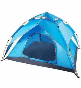 ブルー ワンタッチテント テント 二重層 3～4人用 収納バッグ付き キャンプテント 折りたたみ ドームテント 防風