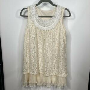 YA242[2003] No-brand lady's tops tank top floral print race embroidery ivory fringe [260102000001]