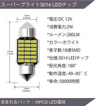 『送料無料』 爆光 T10 x 31mm 18連3014チップ 車ランプled ルームランプ ポジションランプ 12V 車検対応 無極性 ホワイト　10個　白　NA_画像4