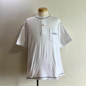 レア 90s ノーティカ NAUTICA 半袖 ヘンリーネックTシャツ L 白 White ホワイト USA古着 ポケットT 綿100％ ロゴ刺繍 ボックスシルエット