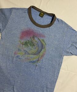 グッドプリント　80s OLD USA製 JERZEES リンガーT Tシャツ　霜降り　エアブラシ　魚　釣り　アメリカ　古着　vintage ジャージーズ