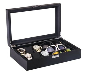 ★1円☆訳あり　腕時計ケース 眼鏡 サングラス収納ボックス 腕時計6本 サングラス3本 時計ケース (ブラック, 腕時計6本＋眼鏡3本)