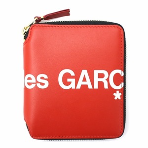 コムデギャルソン COMME des GARCONS Huge-Logo ロゴ プリント ZIP ファスナー コンパクト レザー ウォレット 二つ折り 財布 Red 赤
