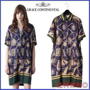 【極美品】17SS グレースクラス グレースコンチネンタルGRACE CLASS GRACE CONTINENTAL 総柄 シャツ ドレス ワンピース 金ボタン 比翼 36