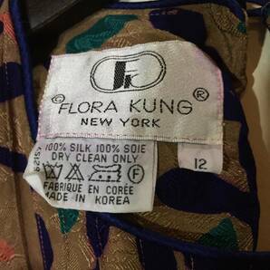 80's USA企画 昭和レトロ old vintage オールド ビンテージ FLORA KONG NEW YORK 薔薇柄 シルク ブラウス 12 ゴールド 花柄 長袖 ロンTの画像3