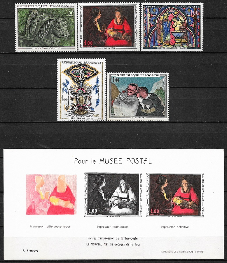 ★1966 Francia - Pinturas de La Tour - Recién nacidos, etc. 5 tipos completos + Tarjeta de recién nacidos de La Tour Paintings sin usar (MNH)★B-410, antiguo, recopilación, estampilla, tarjeta postal, Europa