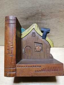 木製ブックエンド　昭和初期　文具　文庫本　本立て　木工　木彫　昭和レトロ　49TK42c1