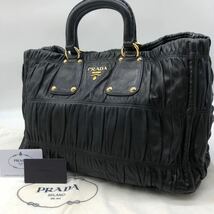 1円 ●希少モデル●美品 ●廃盤 PRADA プラダ トートバッグ ハンドバッグ オールレザー ギャザー ゴールド金具 レディース ロゴスタッズ A4_画像1