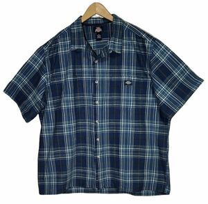 Dickies ディッキーズ 半袖オープンシャツ 2XL 青系チェック柄 BIGサイズ ワンポイントロゴ USED ヴィンテージ古着 ネコポス 0268