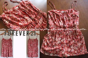 未使用品　フォーエバー21　forever21　縦シワ加工　シフォン　サロペットパンツ　サロペットショートパンツ　花柄　オレンジ　Mサイズ