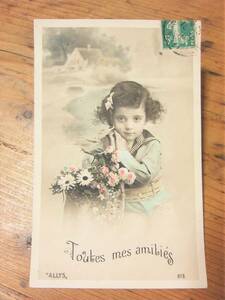 1910年アンティーク☆ポストカード☆はがき☆ハガキ☆カード☆写真☆女の子☆花☆モノクロ　花かご