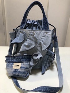 デニムリメイクバッグ　ハンドメイド　LOW オリジナル　フリル丸底巾着バッグ　パッチワーク　リメイク　2way 