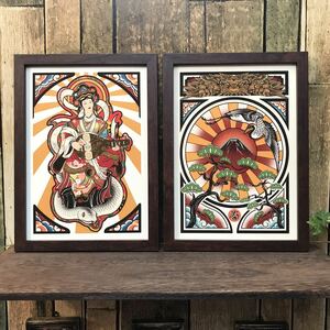 Art hand Auction Lucky Charms Good Luck Illustration Set of 2 Seven Lucky Gods Benzaiten Crane Red Fuji B5 Size with Frame Good Luck Art Frame, artwork, painting, others