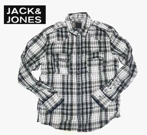 ◆新品◆JACK & JONENS/ジャック&ジョーンズ●白/黒 チェック 総柄　長袖シャツ .綿100 オシャレボタン、Mサイズ