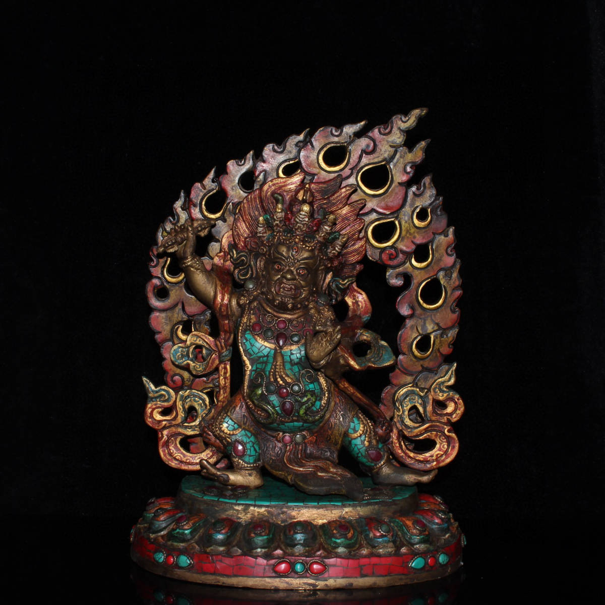 【精品収蔵・銅製・金鍍・寶石嵌・大黑天仏像】・供養品・置物・古賞物・中国古玩・中国古美術083075