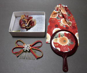 竹細工　ブローチ　保存品　リボン型　飾り櫛　ヘアーアクセサリー　民芸調　携帯　手鏡