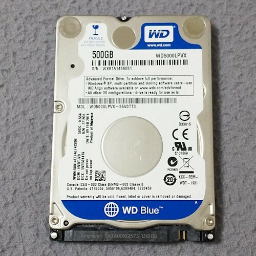 WD BLUE Western Digital 2.5インチハードディスク 500GB 7mm厚 使用時間:8182時間 正常判定