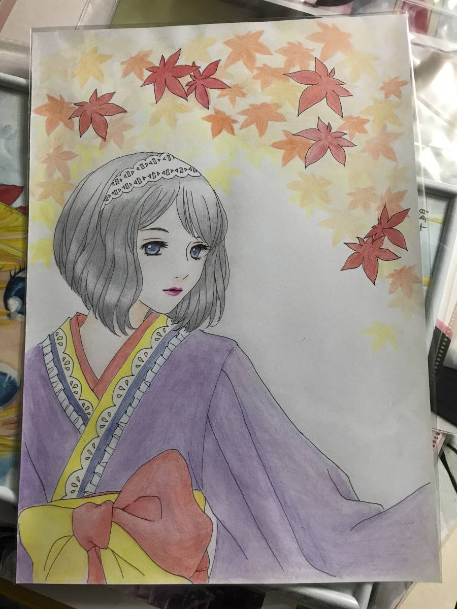 Kimono beautiful girl Aomori/handwritten illustration, comics, anime goods, hand drawn illustration