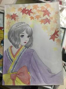 Art hand Auction Fille kimono Aomori - illustration dessinée à la main, Des bandes dessinées, Produits d'anime, Illustration dessinée à la main