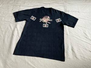 95年製 PINK HOUSE ピンクハウス 花束プリント ロゴワッペン クルーネック カットソー Tシャツ L 黒 ブラック レディース ◇8