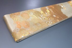壱金3809 男角帯 本絹西陣織練貫К別誂え 枇杷色地雲の箔引き金襴秋の四君子の図 素晴らしい帯