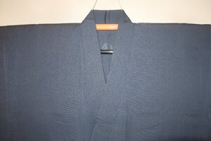 壱土3815 本絹夏お召着物単衣 裄75丈136К青灰色無地 絶品現代物美品 桔梗の三つ紋 袴用着物