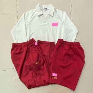 (A)YJ008( used ) Aichi direction . name unknown jersey 3 point set /EG/Galax/asics/ ivory × red /S/ long sleeve / long trousers / shorts / junior high school / high school / gym uniform 
