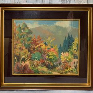 g47 絵画　題名「秋色」山　木　油絵　油彩　風景画 サインあり