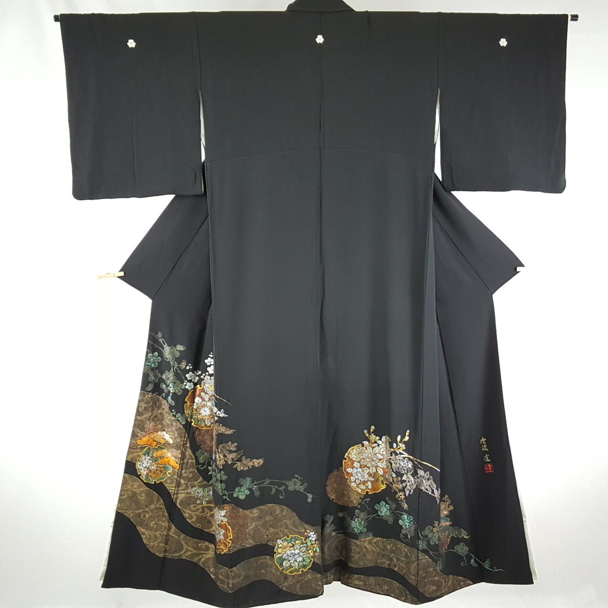 D126-80 正絹 黒留袖 縮緬 染め5つ紋 比翼仕立 金銀彩 竹流水文 昭和レトロ 着物 アンティーク