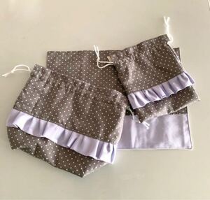 ハンドメイド■グレードット柄×ラベンダーフリル給食セット■お弁当袋コップ袋給食袋ランチマットランチョンマット