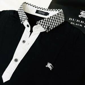 美品 レア BURBERRY BLACK LABEL バーバリーブラックレーベル BDポロシャツ 前立ギンガムチェック ホース刺繍 黒白 2(M) 日本製 #2200