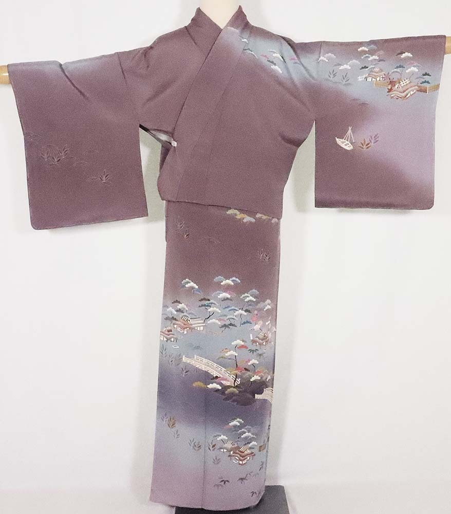 Kyo Yuzen Hecho por Hajime Yoshioka Visitando Manga de kimono Seda pura Puente Yuzen pintado a mano Shochiku Ciruela Frijol rojo Azul Gris Púrpura Longitud 161 cm Longitud de la manga 65 cm M Tamaño ki26061 Envío gratis Nuevo Barato, kimono de mujer, kimono, vestido de visita, A medida