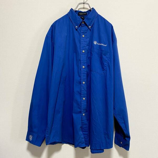 アメリカ古着　長袖シャツ　BDシャツ　ボタンダウン　ビッグサイズ　ゆるだぼ　大きいサイズ　ブルー　刺繍　【A273】