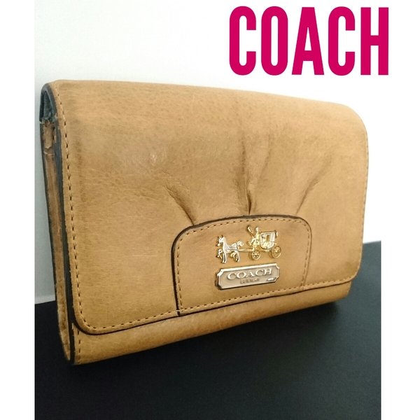 正規 COACH レザー ウォレット 財布 オールドコーチ ベージュ キャメル サックスブルー 水色 ヴィンテージ 送料無料