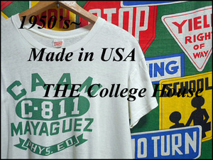 ★４列染み込みプリント★Made in USA製アメリカ製The college HouseビンテージカレッジTシャツ50s60s50年代60年代白ホワイトナンバリング