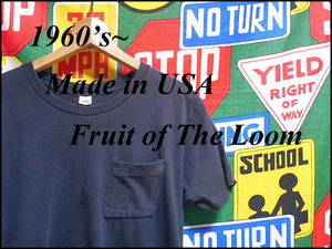 ★ブラックボディー★Made in USA製アメリカ製Fruit of the LoomフルーツオブザルームビンテージポケットTシャツ黒色60s70s60年代70年代M