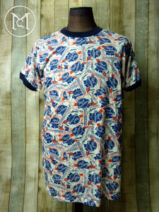 【y3322】送料270円～◆Pabst Blueribbon パブストブルーリボン 総柄Tシャツ（M）◆検索アメカジ70sビンテージビール