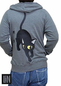 ラミ＆アールパーカー「てくてくウォーキング」◆LIN グレーXXLサイズAL-75029 刺繍 黒猫 ネコ ネズミ 鼠 男女兼用