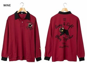 飛び猫ならぬ飛びラミ襟つきオーバーサイズポロシャツ◆LIN ワインLサイズ AL-75055 ラミ&アール 刺繍 黒猫 ネコ 鼠 ネズミ