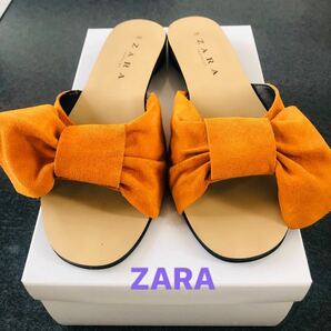 ZARA ザラ　サンダル　38 リボン　オレンジ　24.5