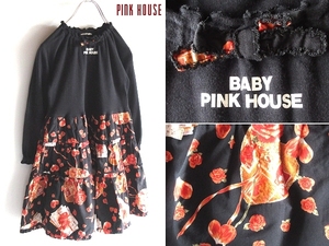 BABY PINK HOUSE ピンクハウス ロゴプリント コットンジャージー バラ柄/ローズ柄 段々 スカート ピコフリル ワンピース L 120cm ブラック