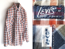 希少 70sビンテージ LEVI'S リーバイス ロゴピスネーム 両胸ポケット チェックシャツ M テラコッタ ネイビー ライトブルー ネコポス対応_画像1