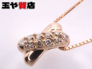 ダイヤ0.08ct 美品 デザイン ペンダント ベネチアン ネックレス K18PG ピンクゴールド