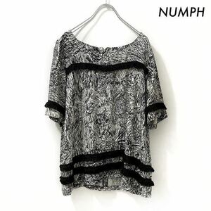 【送料無料】NUMPH ニンフ★総柄 フリンジ付き 半袖ブラウス プルオーバー モノクロ