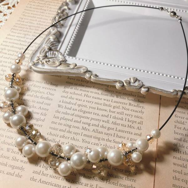 ワイヤーネックレス　パール　ビジュー　ホワイト　キラキラ　Bijou　wire necklace　japan Vintage　accessories　001