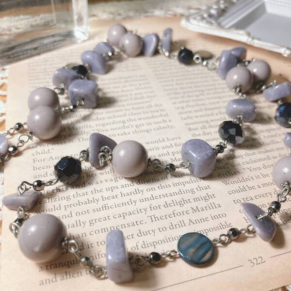 ロングネックレス ストーン グレータイガーアイ ビーズ 黒 power stone necklace japan Vintage accessories 0056