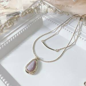 未使用品　ダブルチェーン　ゴールドネックレス　ラベンダー翡翠調　Gold jewelry japan Vintage necklace accessories 0078