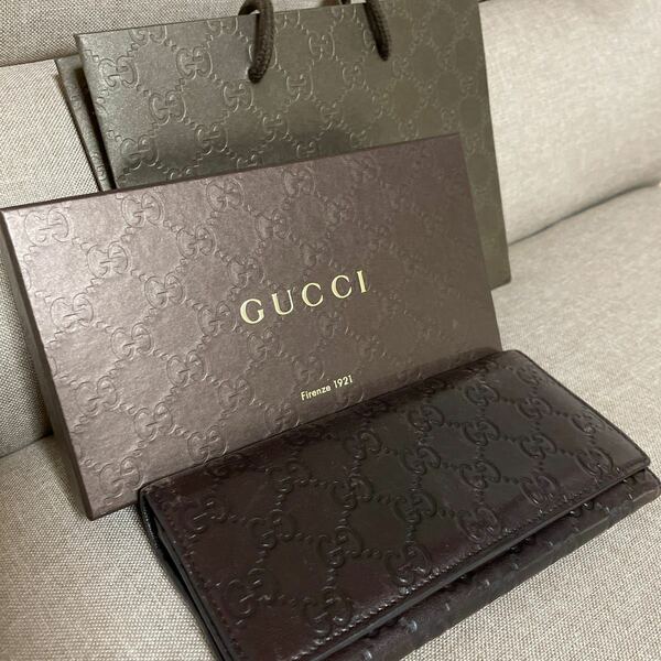 GUCCI シマレザー 長財布 ダークブラウン